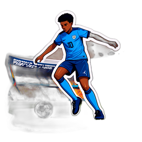 Bản vẽ cầu thủ bóng đá trẻ đang sút bóng, với nền là sân vận động đông người