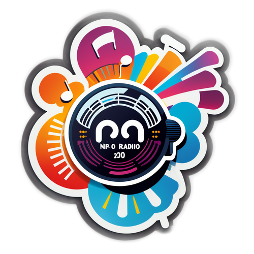 Decoratieve sticker met het NPO Radio 2 Top 2000 logo en muziek elementen