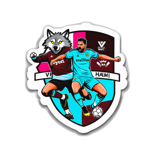 Ilustrace zápasu Wolves vs. West Ham s fanoušky a vzrušujícími okamžiky
