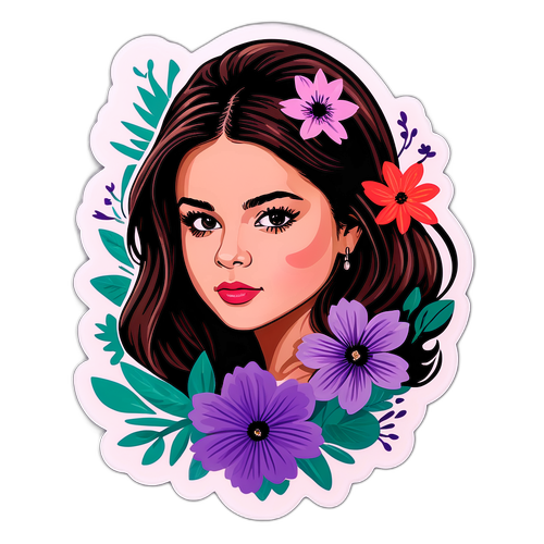 Selena Gomez med blomsterbakgrunn