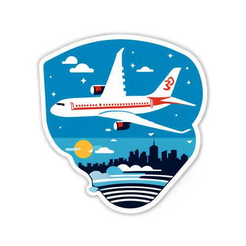 Sticker ilustrujący lotnisko Ben Guriona z samolotem startującym, symbolizującym podróże i przygodę.