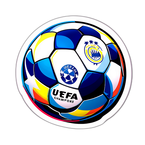 ออกแบบสติกเกอร์ที่มีโลโก้ยูฟ่าแชมเปียนส์ลีกบนลูกฟุตบอลที่สวยงาม