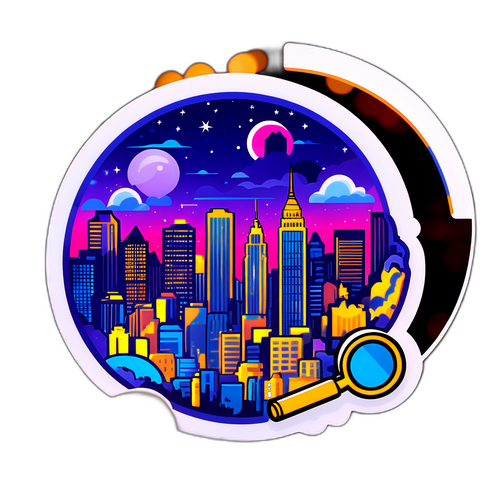 Яскравий наклейковий дизайн з містом та збільшувальним склом
