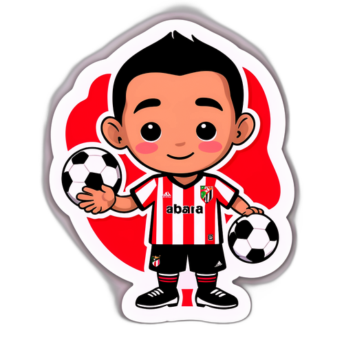 הוא לובש חולצת אתלטיק בילבאו, תומך בגאווה בקבוצה עם כדורגל בידיו