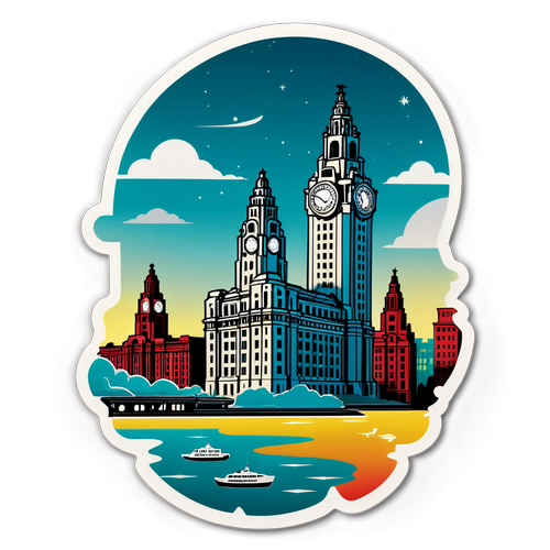 Diseño de una pegatina con un paisaje futurista de Liverpool y el famoso edificio Liver Building