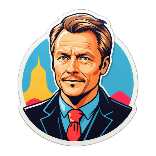 En klistermärke som avbildar Lars Trägårdh i en stiliserad, minimalistisk design med en ljus och lekfull bakgrund.