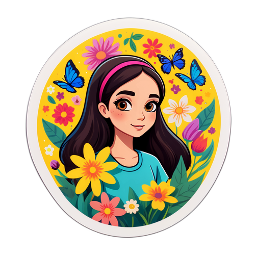 Um adesivo de Nina Baiocchi rodeada de flores e natureza