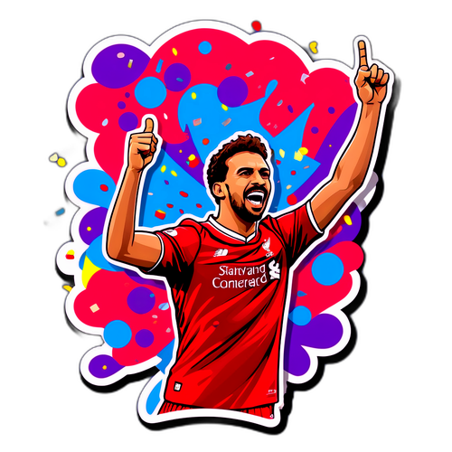 En klistermärke av en spelare som firar ett mål för Liverpool FC, med färgglad konfetti