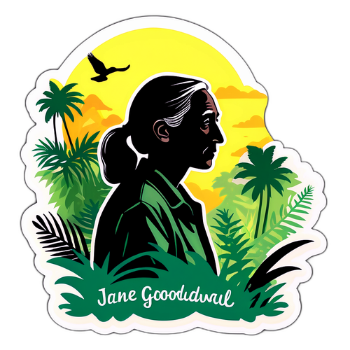 Sticker av Jane Goodalls silhuett mot junglebakgrunn