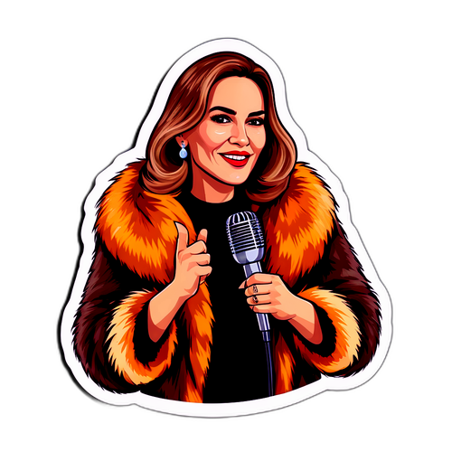 Sticker de Susana Giménez con abrigo de piel y micrófono