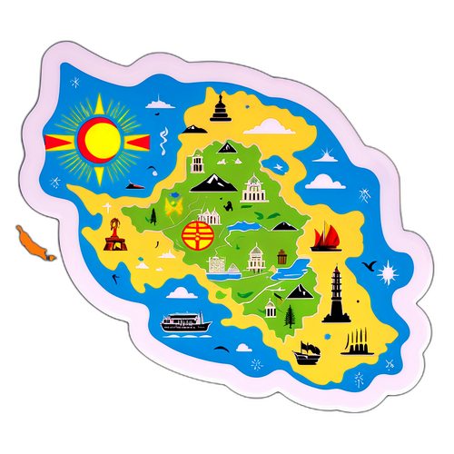 Sticker met een kaart van Macedonië en Kazachstan, versierd met culturele iconen