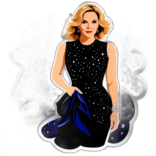 Eine elegante Silhouette von Kim Cattrall in einem glamourösen Outfit, umgeben von Sternen