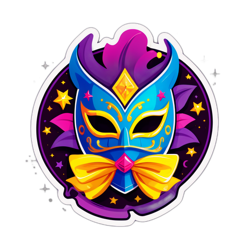 Шар, одетый в маску с символами шоу на фоне ярких огней.