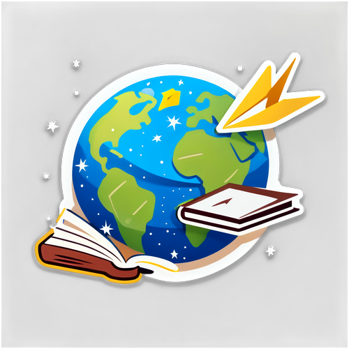 卡通風格的地球拿著一本書，旁邊有飛翔的紙飛機和星塵