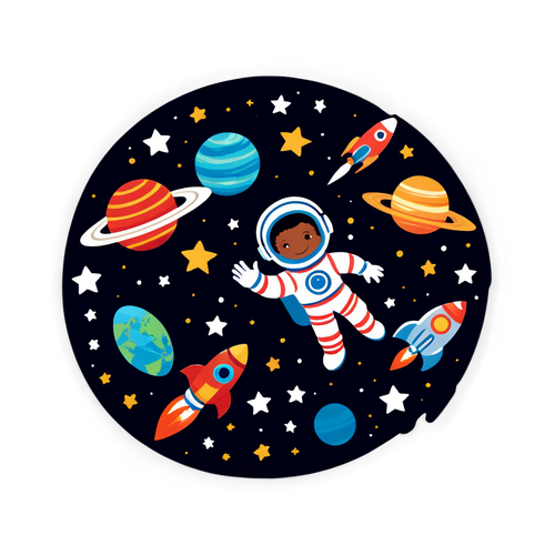 Space-Themed Design with Planets, Stars, Rocket Ships, and Floating Astronaut