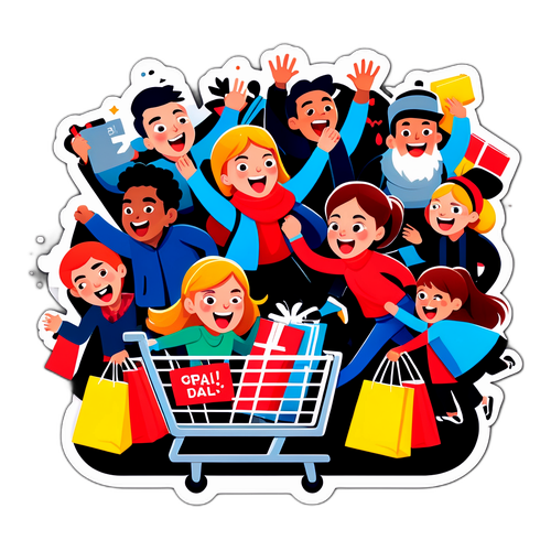 Zabawna ilustracja klientów śpieszących się po okazje na Black Friday