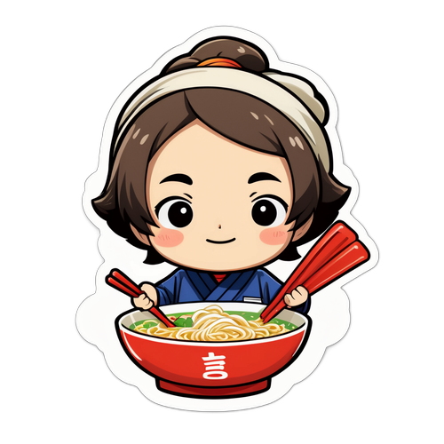 面白いミツヤ堂製麺のキャラクターがラーメンを持っているステッカー