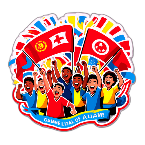 Arte de um jogo emocionante do Internacional, com torcedores em êxtase e bandeiras tremulando