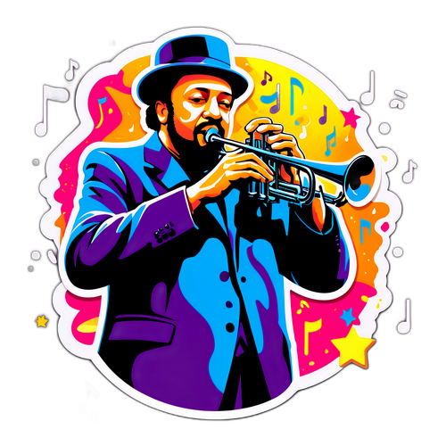 Sticker cu un trompetist și fundal muzical vibrant
