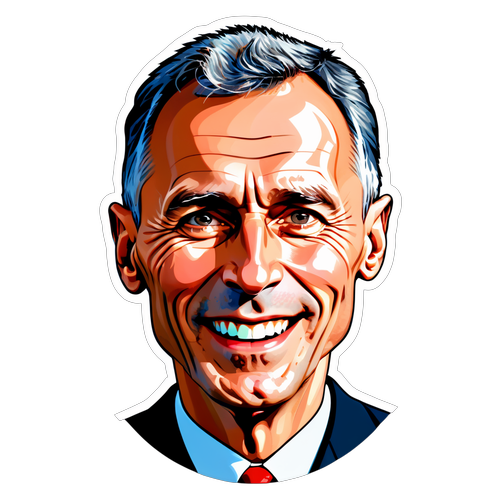 Karikaturportrett av Jens Stoltenberg med festlig bakgrunn