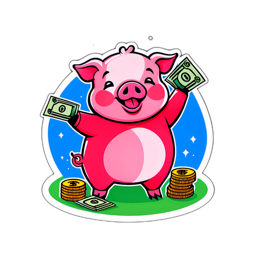 Ilustração de um porquinho feliz rodeado de dinheiro e notas, representando sorte