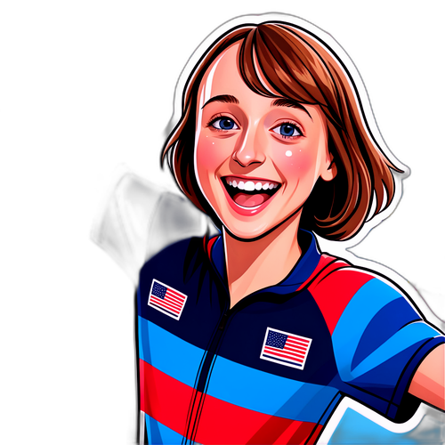 Kreslená postava Katie Ledecky se usmívá a slaví svůj úspěch s přáteli na pozadí barevného bazénu