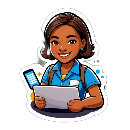 Стикер довольного работника новостного агентства с ноутбуком и телефоном