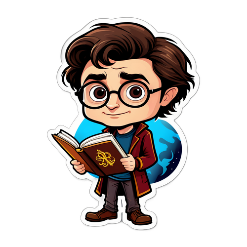Caricatura de Daniel Radcliffe com um Livro de Feitiços