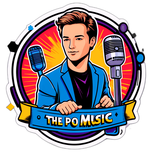 Timo R. Stewart esittämässä raskaampia kappaleita, tekniikkaviivoja ympäri, tekstinä "Musiikin voima"