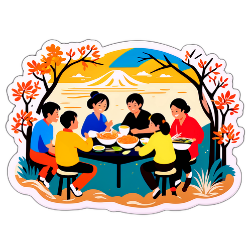 うどんを楽しむ人々の賑やかなシーン