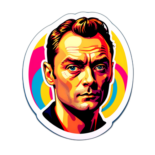 Un portrait de Jude Law stylisé comme une affiche de film rétro, entouré d'éloges