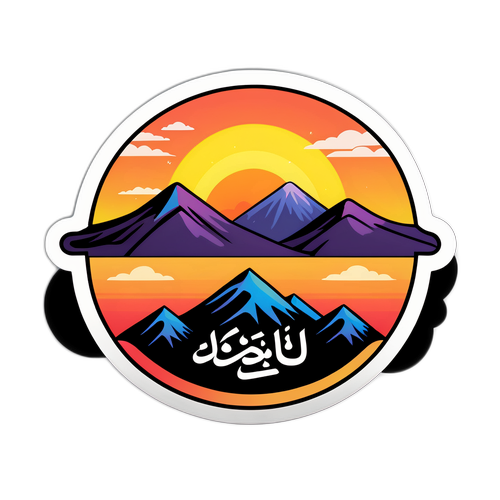 Ein schöner Sonnenuntergang über einem Berg mit arabischer Inschrift für 'Wetter von morgen'