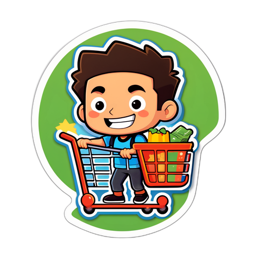 ショッピングカートを持ったキャラクターの楽しいカートゥーンスタイルステッカー