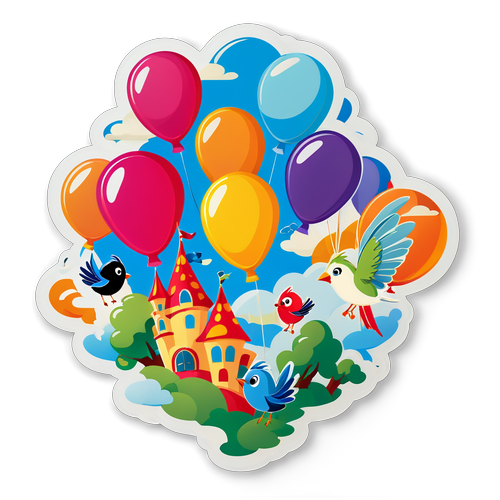 童话场景的卡通飞行气球和鸟