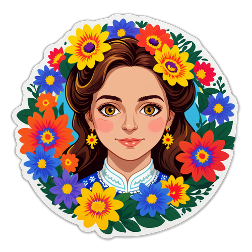 Sticker cu portretul Mariei Marinescu, înconjurată de flori colorate