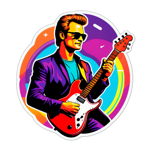 Retro sticker van David Hallyday met gitaar in neonkleuren