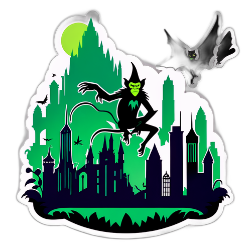 Isang Makulay na Disenyo ng Wicked na May mga Lumilipad na Unggoy at Skyline ng Emerald City