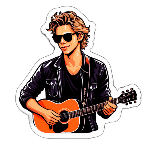 Une autocollant d'Austin Butler avec lunettes de soleil et guitare
