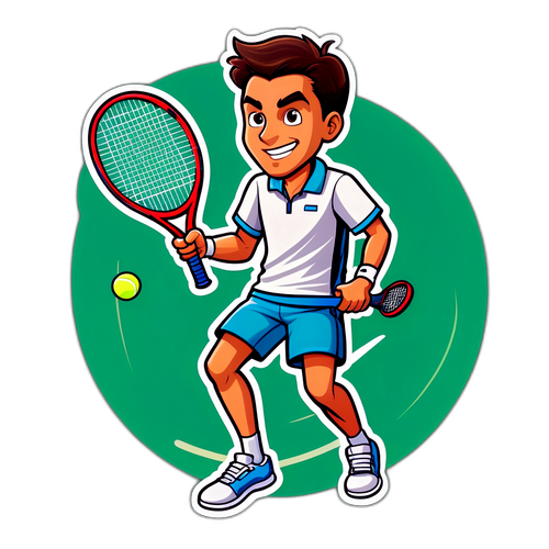 Cartoonachtige afbeelding van Vicario met een tennisracket