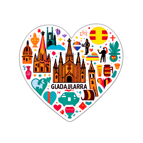Koláž kulturních ikon z Guadalajara a Barcelony ve tvaru srdce