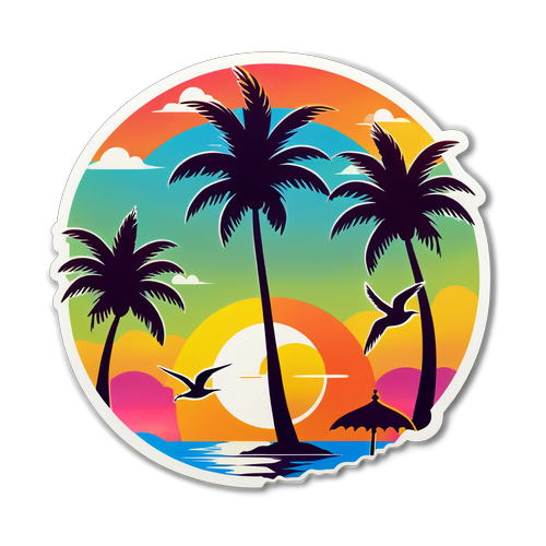 Serene Beach Scene with Palm Trees and Sunset