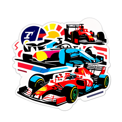 Een dynamische sticker van de F1-stand met racende auto's op een circuit