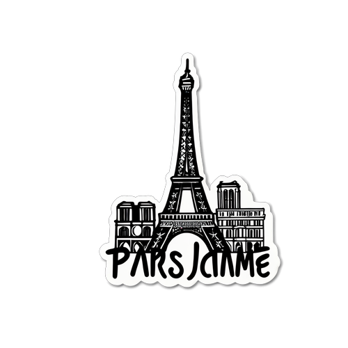 Een sticker van de skyline van Parijs met 'Paris, Je T'aime' in elegante lettertypen