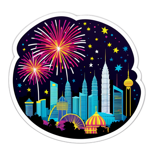 Kuala Lumpur éjszakai látképe tüzijátékokkal