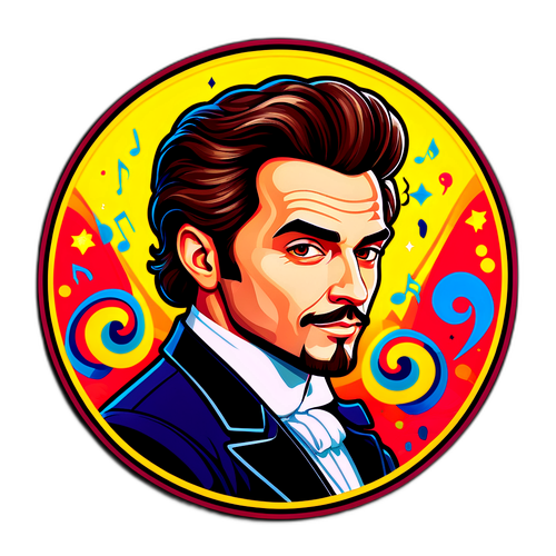 Креативний портрет Меловіна в його характеристичному стилі, обрамлений багатим музичним мотивом