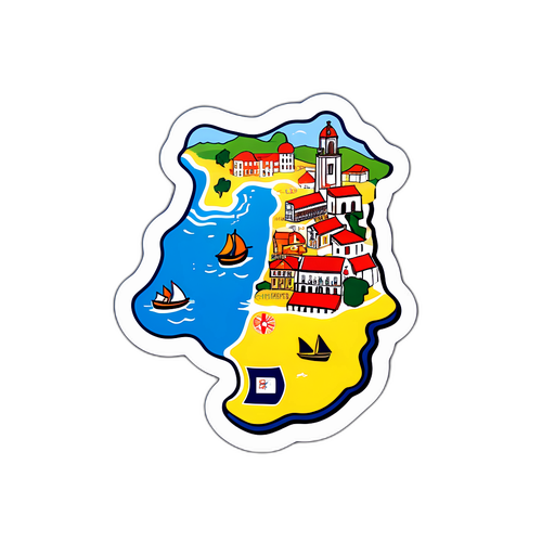 Künstlerisches Design einer Karte von Portugal mit Umrissen berühmter Gebäude und Strände