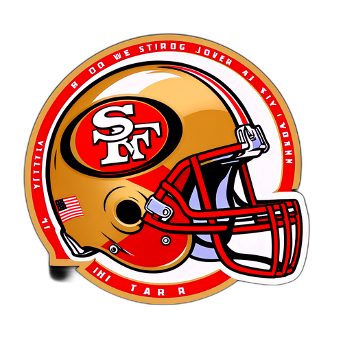 Design de um capacete dos 49ers com o slogan 'Vitória'