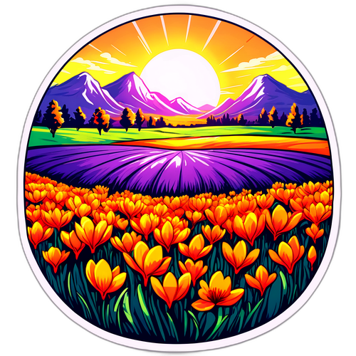 Dessin d'un champ de fleurs de saffran aux couleurs vives sous un ciel ensoleillé