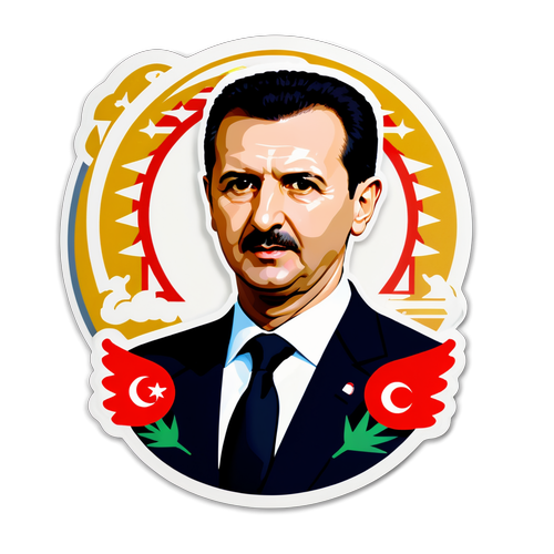 Grafikaufkleber von Assad mit syrischen Symbolen im Hintergrund