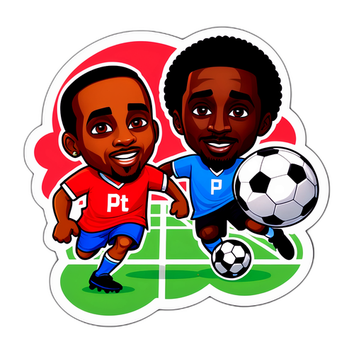 Een sticker met een cartoonversie van P Diddy die voetbal speelt met vrienden